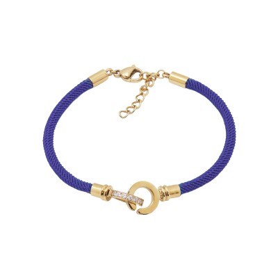 Bracelet Zag Tassy en acier doré, textile et oxyde de zirconium, Bleu