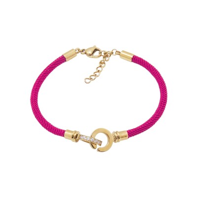 Bracelet Zag Tassy en acier doré, textile et oxyde de zirconium, Fuchsia