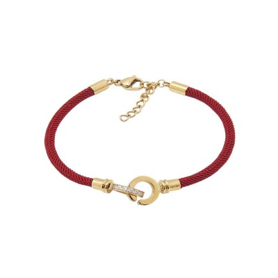 Bracelet Zag Tassy en acier doré, textile et oxyde de zirconium, Rouge