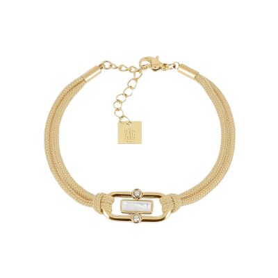 Bracelet Zag Telti  en acier doré, textile, nacre et oxyde de zirconium