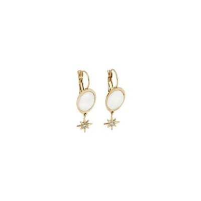 Boucles d'oreilles dormeuses Zag en acier doré, nacre et oxyde de zirconium