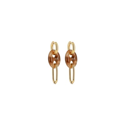 Boucles d'oreilles Zag en acier doré et acétate marron