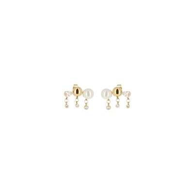 Boucles d'oreilles Zag Strates  en acier doré, perle d'imitation et oxyde de zirconium