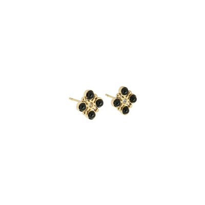 Mini boucles d’oreilles Zag en acier doré, onyx et oxyde de zirconium