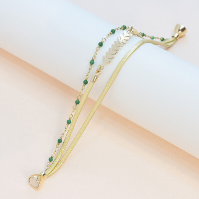 Bracelet Flowersforzoé en cuir, métal doré et jade
