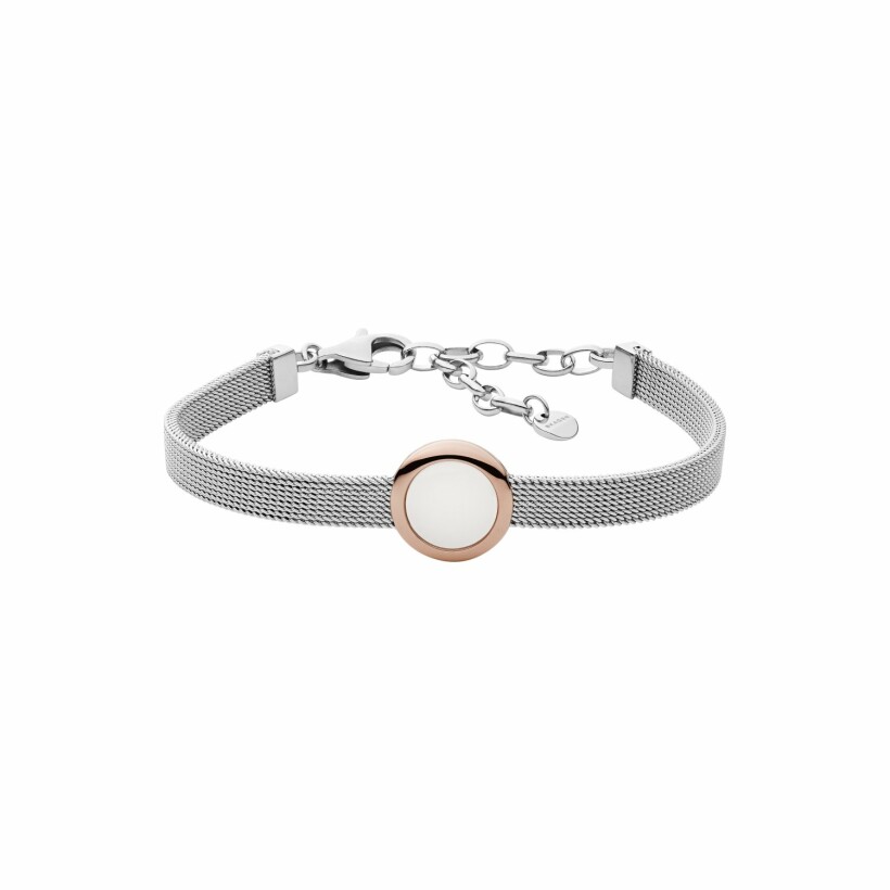 Bracelet Skagen White Circle en acier de couleur rose et argent, en verre