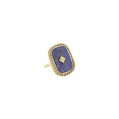 Bague Zag en acier doré, lapis lazuli et oxyde de zirconium, taille ajustable