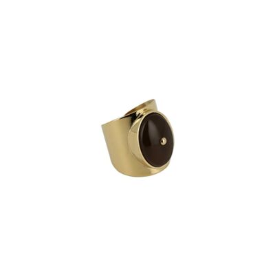 Bague Zag en acier doré et quartz fumé, taille ajustable