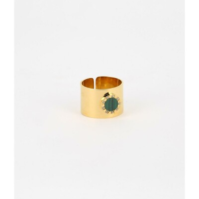 Bague ZAG en acier doré, malachite et oxydes de zirconium
