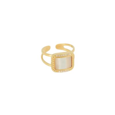 Bague Zag Eliane en acier doré, nacre et oxyde de zirconium, taille ajustable