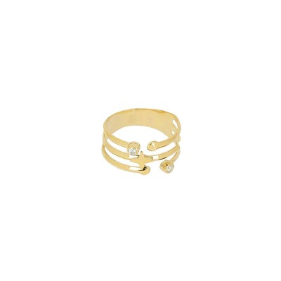 Bague Zag en acier doré et oxyde de zirconium, taille ajustable