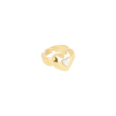 Bague Zag en acier doré et nacre, taille ajustable