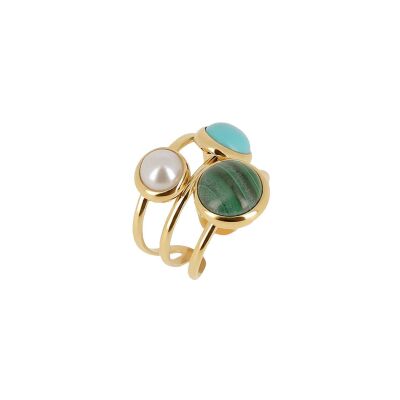 Bague Zag Gobi  en acier doré, turquoise, nacre et malachite