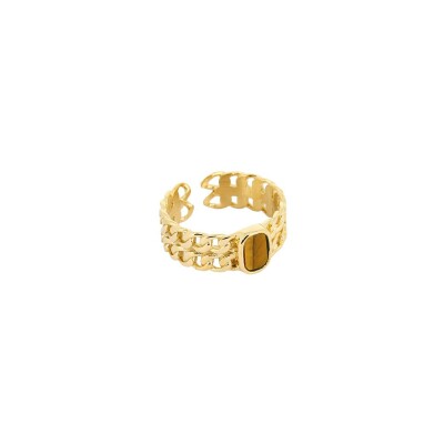 Bague Zag en acier doré et œil de tigre, taille ajustable