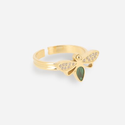 Bague ZAG en acier doré, malachite et oxydes de zirconium