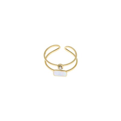 Bague Zag en acier doré, nacre et oxyde de zirconium, taille ajustable