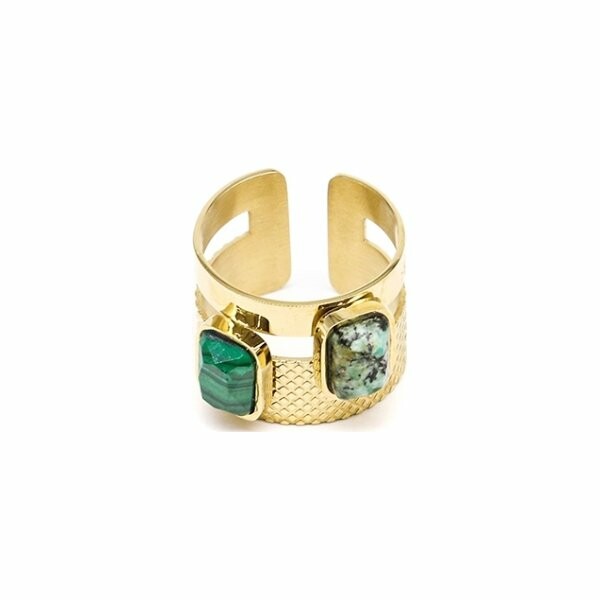 Bague Zag en acier doré, turquoise et malachite