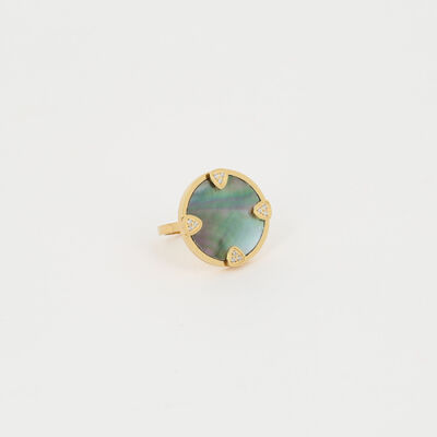 Bague ZAG en acier doré, nacre et oxydes de zirconium