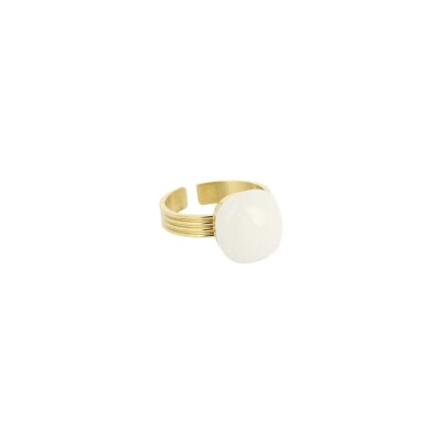 Bague Zag en acier doré et agate blanche, taille ajustable