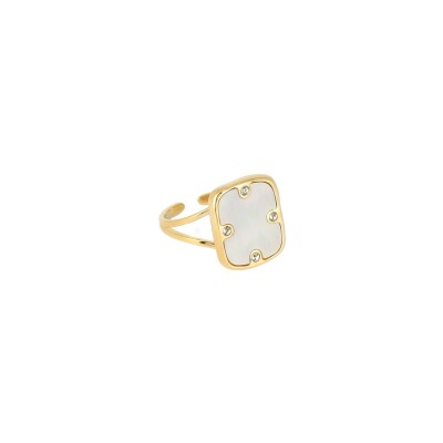 Bague Zag en acier doré, nacre et oxyde de zirconium, taille ajustable