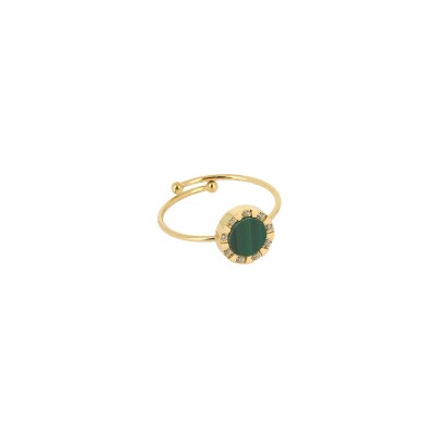 Bague Zag en acier doré, malachite et oxyde de zirconium, taille ajustable