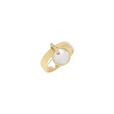 Bague Zag en acier doré, nacre et oxyde de zirconium, taille ajustable
