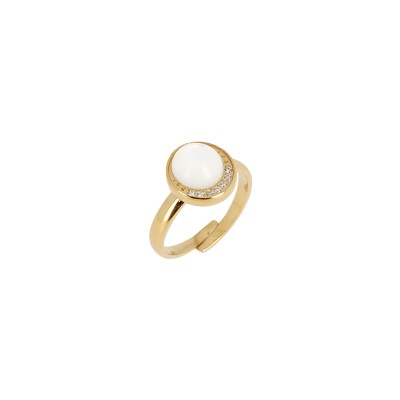 Bague Zag en acier doré, nacre et oxyde de zirconium, taille ajustable