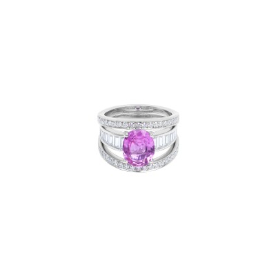 Bague Structure en or blanc, saphir rose taille coussin, diamants taille baguette et diamants