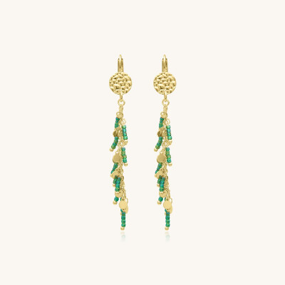 Boucles d'oreilles Sàntibé Bijoux Aurea en laiton, métal doré et perles vert oasis