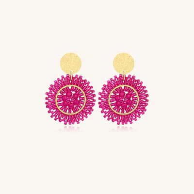 Boucles d'oreilles Sàntibé Bijoux Espagnola Baby en laiton, métal doré et perles fuchsia