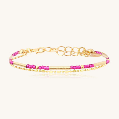 Bracelet Sàntibé Bijoux Divine en laiton, métal doré et perles fuchsia