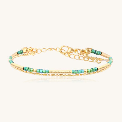 Bracelet Sàntibé Bijoux Divine en laiton, métal doré et perles vert oasis