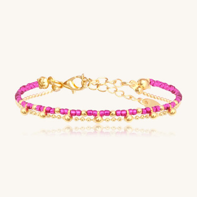 Bracelet Sàntibé Bijoux Divine en laiton, métal doré et perles fuchsia