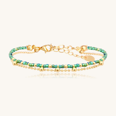 Bracelet Sàntibé Bijoux Divine en laiton, métal doré et perles vert oasis