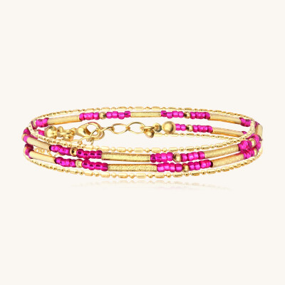 Bracelet Sàntibé Bijoux Divine en laiton, métal doré et perles fuchsia