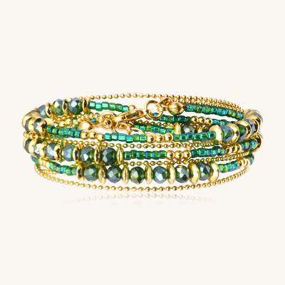 Collier-bracelet Sàntibé Bijoux Divine en laiton, métal doré et perles vert oasis