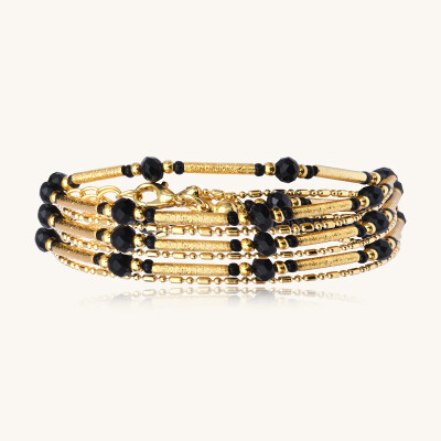 Collier-bracelet Sàntibé Bijoux Divine en laiton, métal doré et perles noir