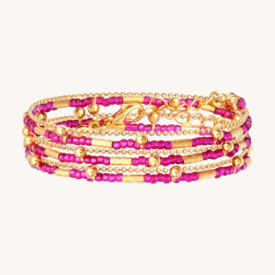 Collier-bracelet Sàntibé Bijoux Divine en laiton, métal doré et perles fuchsia