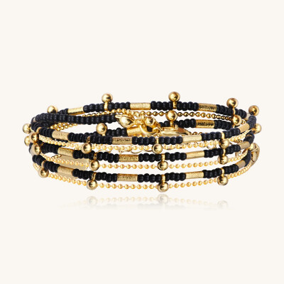 Collier-bracelet Sàntibé Bijoux Divine en laiton, métal doré et perles noir