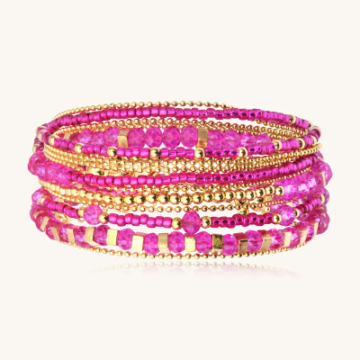 Collier-bracelet Sàntibé Bijoux Divine en laiton, métal doré et perles fuchsia