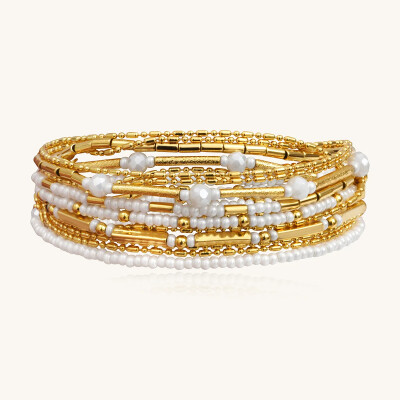 Collier-bracelet Sàntibé Bijoux Divine en laiton, métal doré et perles blanc