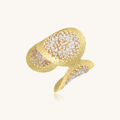 Manchette Sàntibé Bijoux Fuego en laiton, métal doré et perles blanc doré
