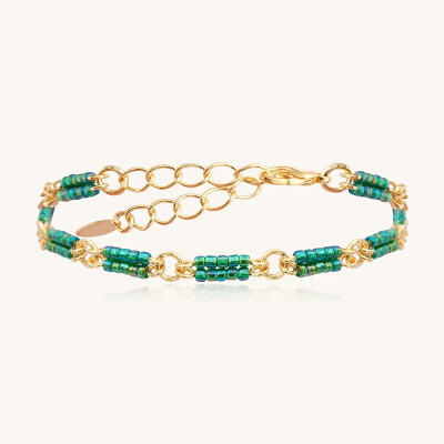 Bracelet Sàntibé Bijoux Lori Perles Double en laiton, métal doré et perles vert oasis