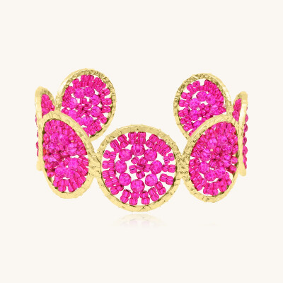 Manchette Sàntibé Bijoux Marina  en laiton, métal doré et perles fuchsia