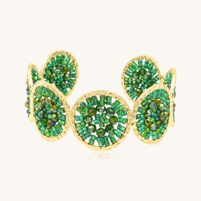 Manchette Sàntibé Bijoux Marina  en laiton, métal doré et perles vert oasis