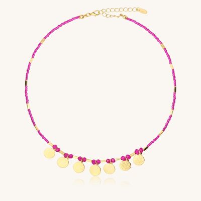 Collier Sàntibé Bijoux Mila en laiton, métal doré et perles fuchsia
