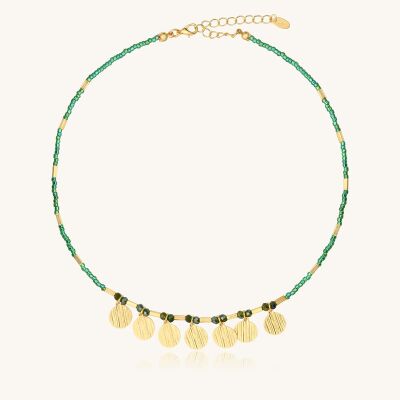 Collier Sàntibé Bijoux Mila en laiton, métal doré et perles vert oasis