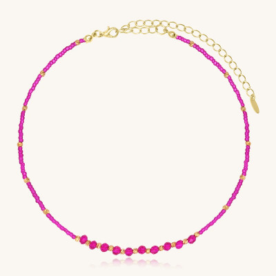 Collier choker Sàntibé Bijoux Noa Rond en laiton, métal doré et perles fuchsia