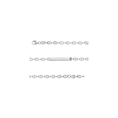 Bracelet identite argent rhodié plaque droite maille grain de café fermoir mousqueton 17cm réglable 15cm