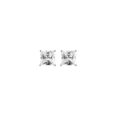 Boucles d'oreilles tige solitaire petite pierre carré synthétique blanche argent rhodié 5mm